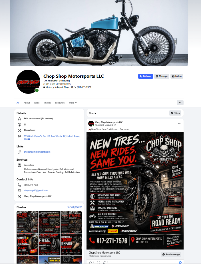 Blue custom motorcycle pictured on Chop Shop Motorsports’ supplied Facebook page